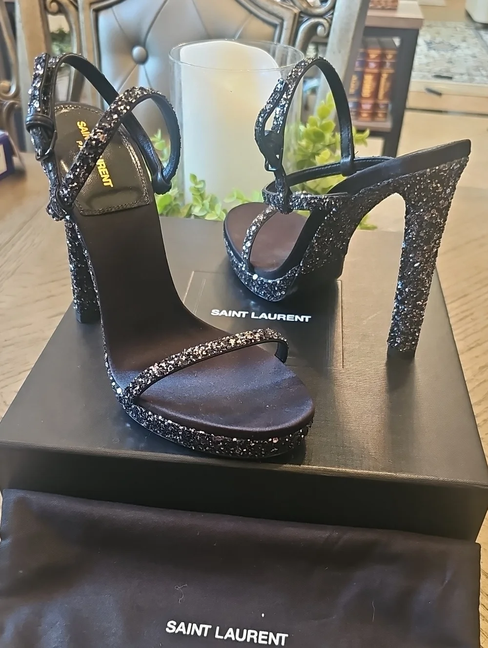 Saint Laurent Black Glitter Platform High Heel Sandals Size 38 NWT - Picture 9 of 15